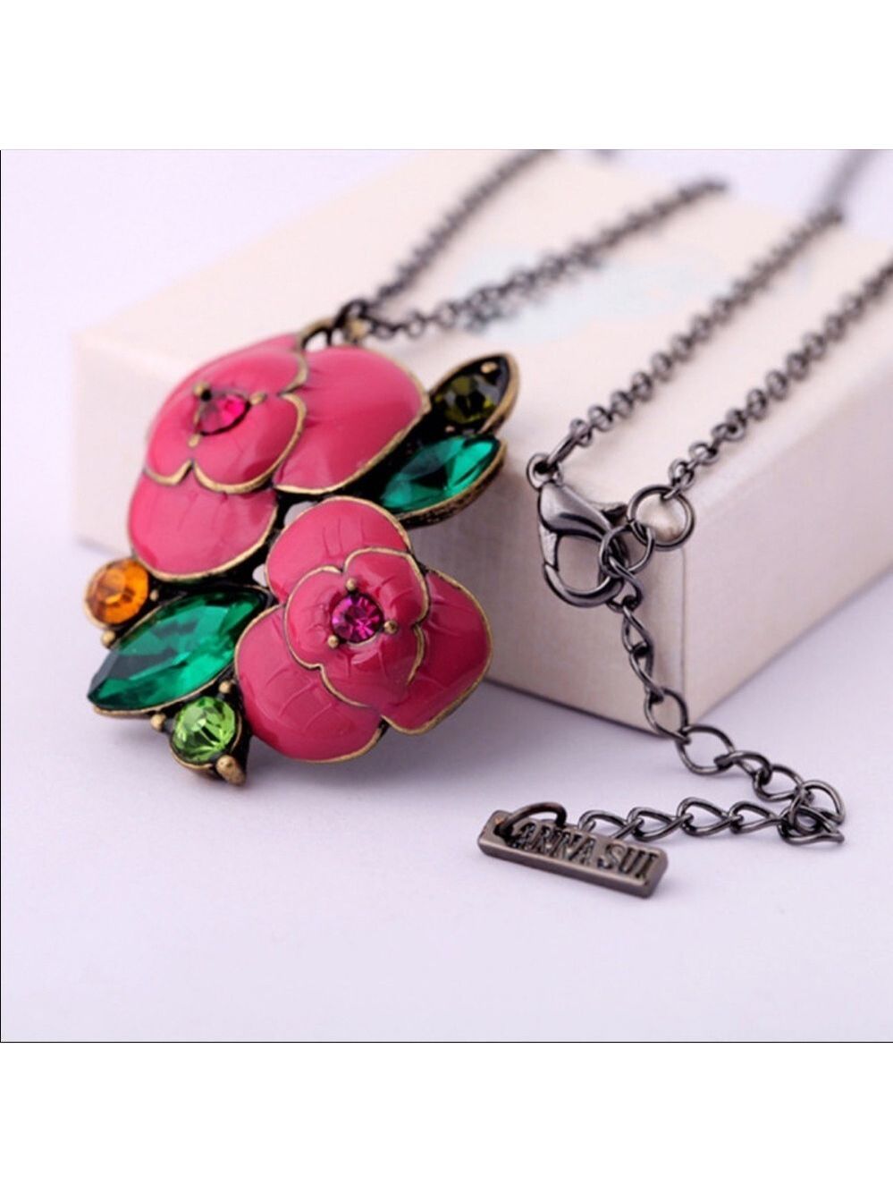 ANNA SUI enamel gem flower pendant necklace NWOT